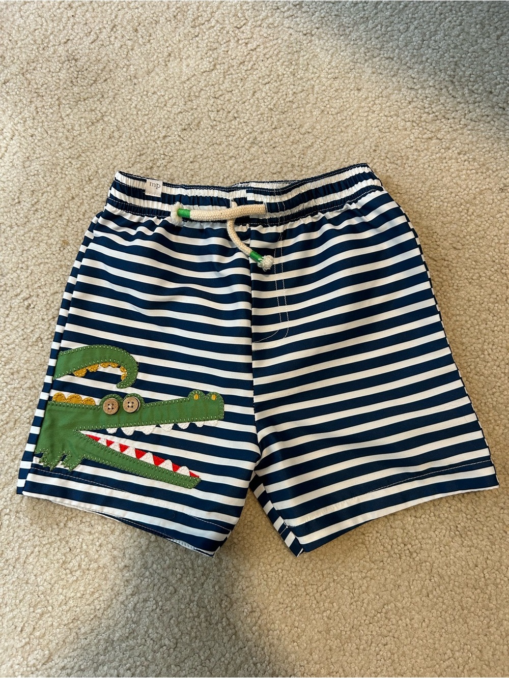 Mud Pie Navy & White Striped Swim Trunks with Green Crocodile Appliqué